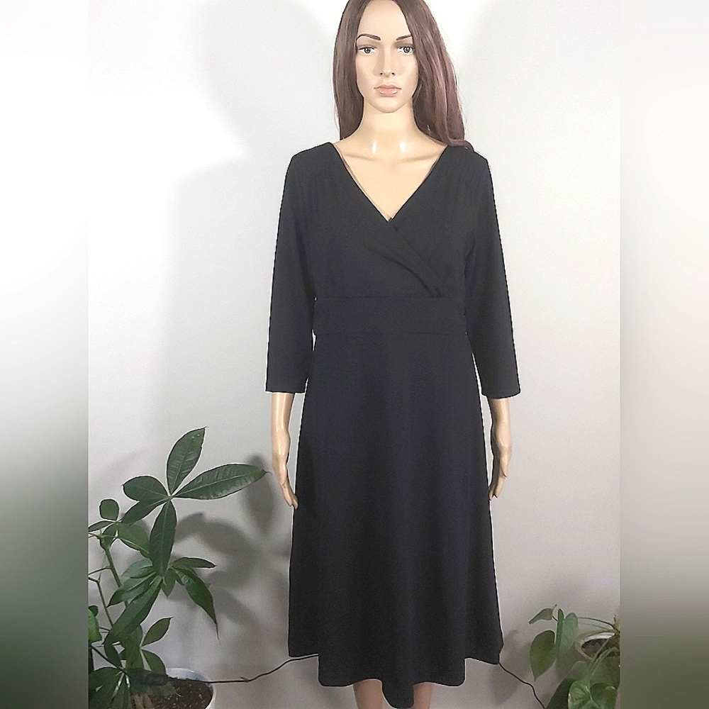 Eddie Bauer black faux wrap midi dress 3/4 sleeves